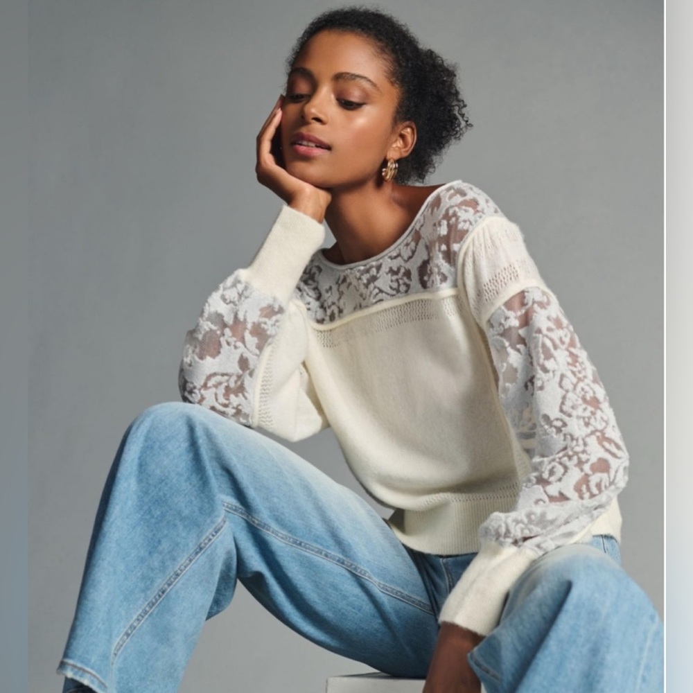 ANTHROPOLOGIE Plus 1X Ivory Pewter Balloon Sleeve Wool Blend Boho Lace Sweater - Picture 3 of 16